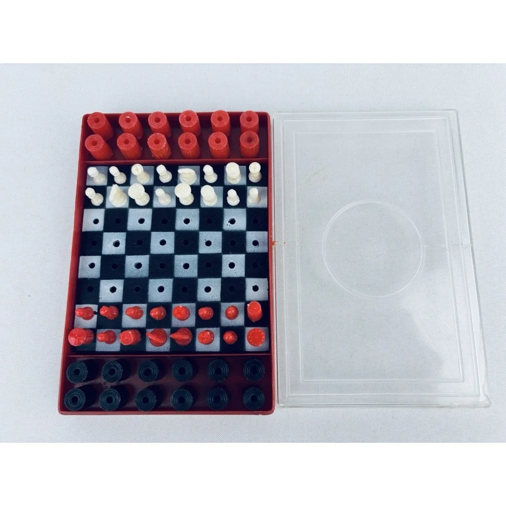 Rare Vintage 1950s Plastic Travel Chess & Checkers‎ Set YC Hong Kong Complete